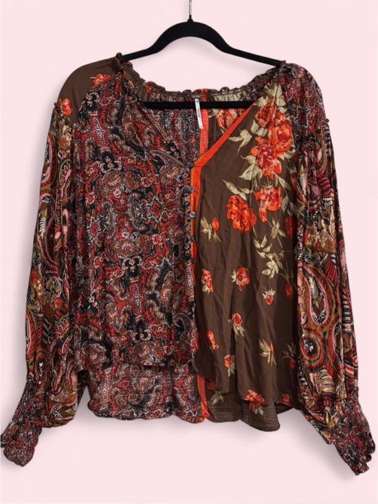 Free People Tops - Free People Brown Floral Patchwork Peasant Blouse